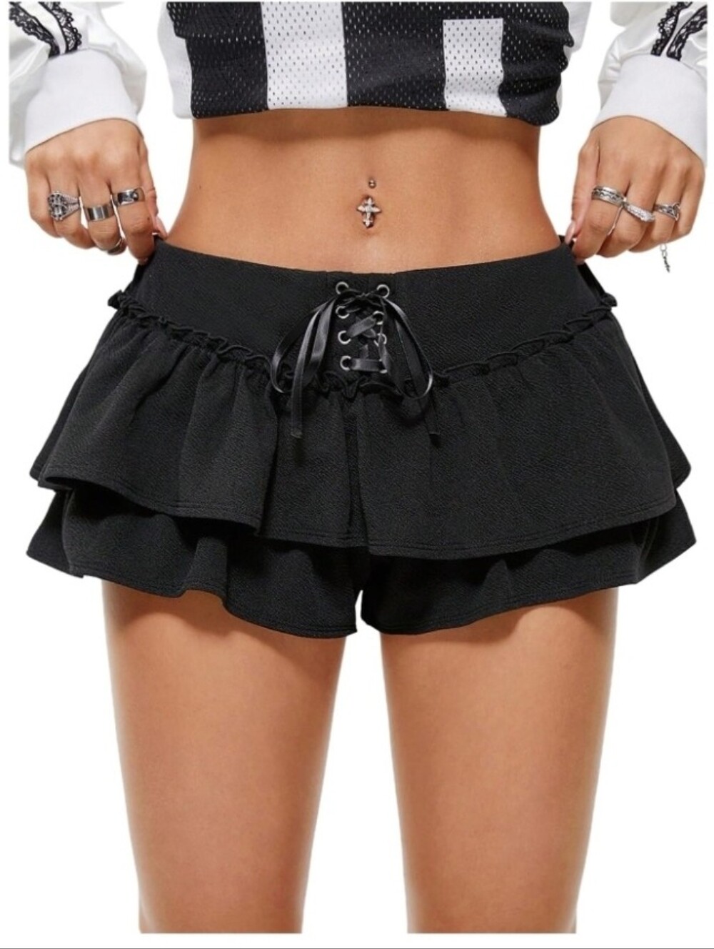 NWT Soly Hux Black Ruffle Lace-Up Layered Bloomers Shorts Size Medium
